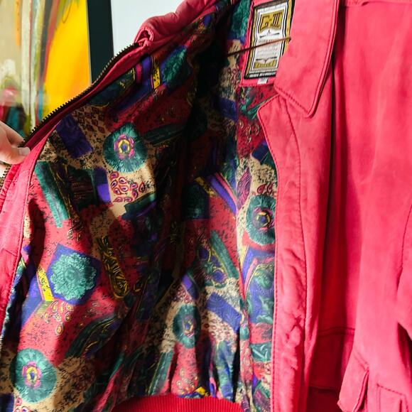 Vintage 80s Global Identity G-III Red Pink Leather Bomber Style Jacket Size M - Picture 8 of 12